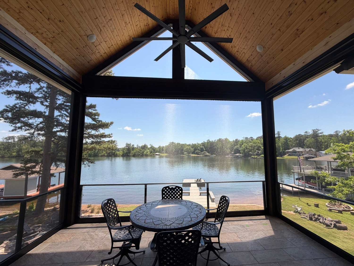 Inside View of Lake Harding with LifeRoom motorized screens installed by Four Seasons of River City